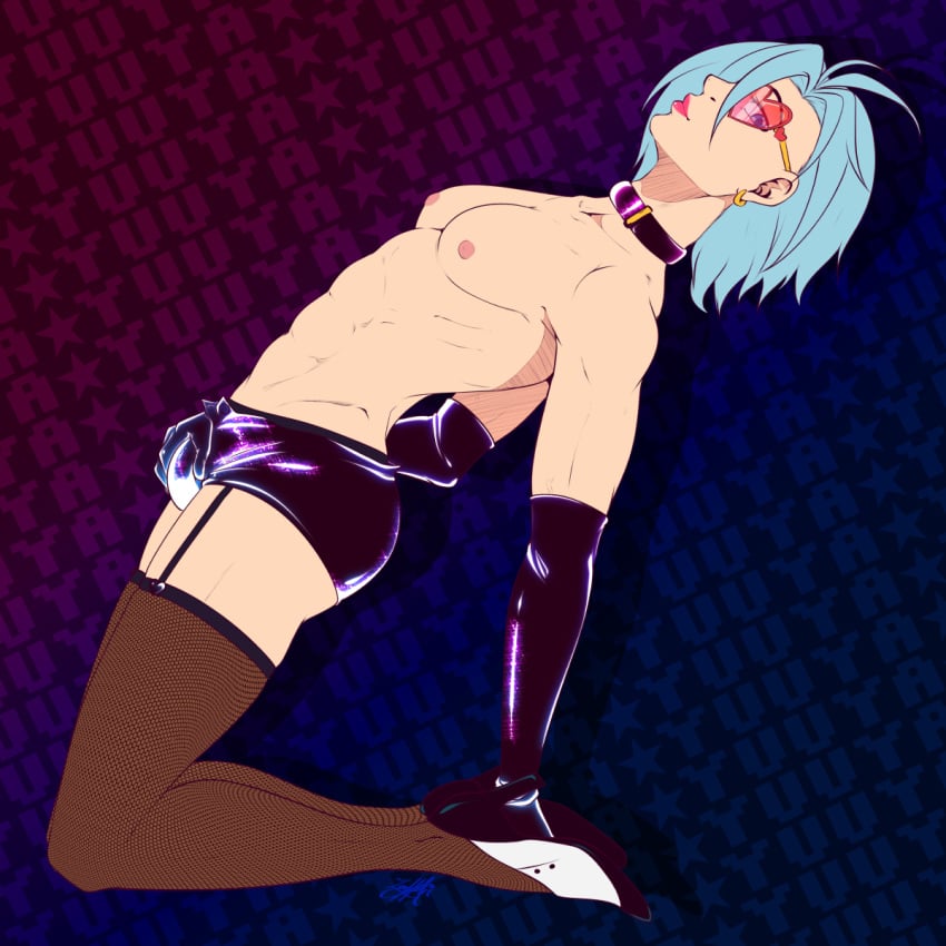 1boy abs androgynous blue_eyes blue_hair bulge choker crotch_grab earrings elbow_gloves femboy fishnet_stockings fishnets garter_straps girly glasses gloves hatoful_boyfriend high_heels latex latex_gloves lipstick looking_at_viewer nipples pecs solo thighhighs toned trap yuuya_sakazaki zoey-hoshi