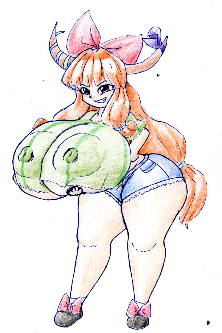 areolae areolae_bulge big_breasts bow breasts breasts_bigger_than_head fair_skin growing growth hair_accessory hair_ornament holding_breast horn horn_bow horns huge_breasts long_hair nipple_bulge nipples shorts smirk smirking suika_ibuki thatartistann thick thick_thighs touhou wide_hips