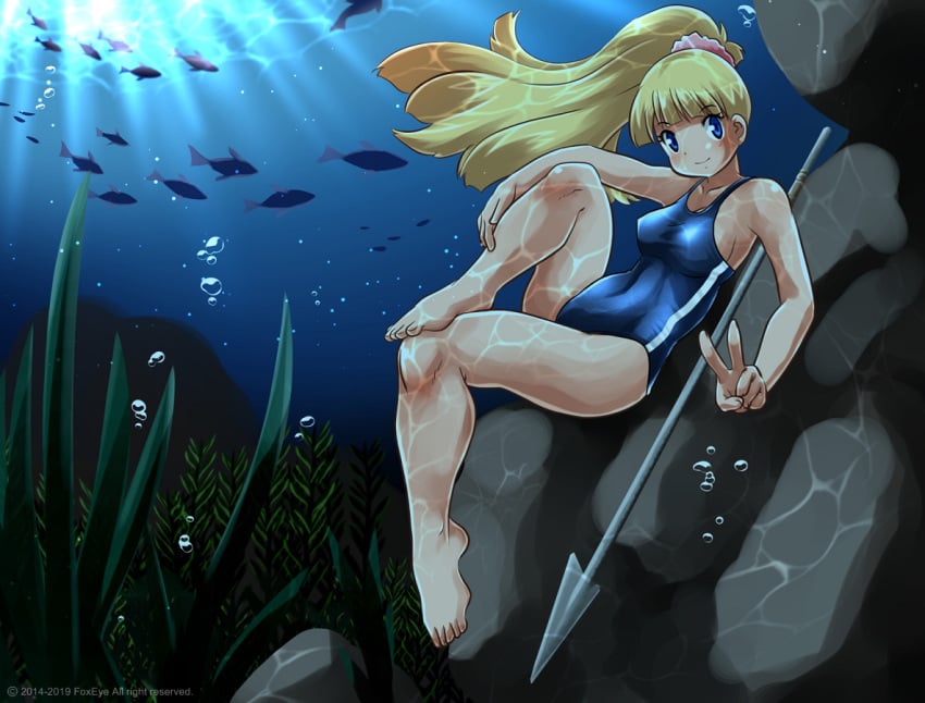 big_breasts blonde_hair blue_eyes breasts collarbone female female_only fish foxeye_(artist) foxeye_limited_game_collection game_cg harpoon natica_(foxeye) natica_star_splash navel navel_visible_through_clothes original original_character ponytail school_swimsuit solo solo_female swimsuit underwater