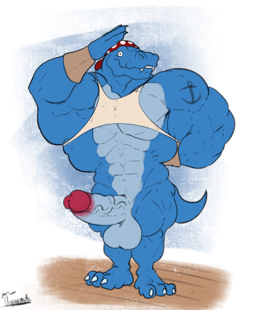 anthro balls bandana big_balls big_penis bottomless clothed clothing dinosaur donkey_kong_(series) erection full-length_portrait full_length huge_balls huge_cock humanoid_penis hyper hyper_muscles kremling kruncha looking_at_viewer male male_only muscular penis scalie solo standing uniparasite vein