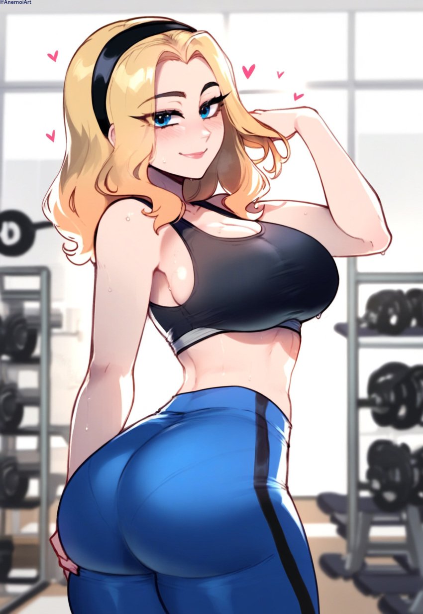 1girls ai_generated anemoi blonde_hair blue_eyes breasts bubble_ass bubble_butt fat_ass female female_only gym gym_clothes league_of_legends light-skinned_female light_skin looking_at_viewer luxanna_crownguard pawg smile sports_bra yoga_pants