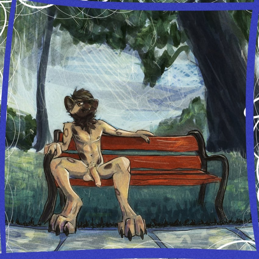 african_wild_dog anthro balls bench canid canine claws digital_media_(artwork) exhibitionism eyewear flaccid foreskin genitals glasses hair hi_res john_ricardo kittee_mortis looking_at_viewer male mammal nipples nude outside park park_bench penis plant pubes public sitting solo teeth tree