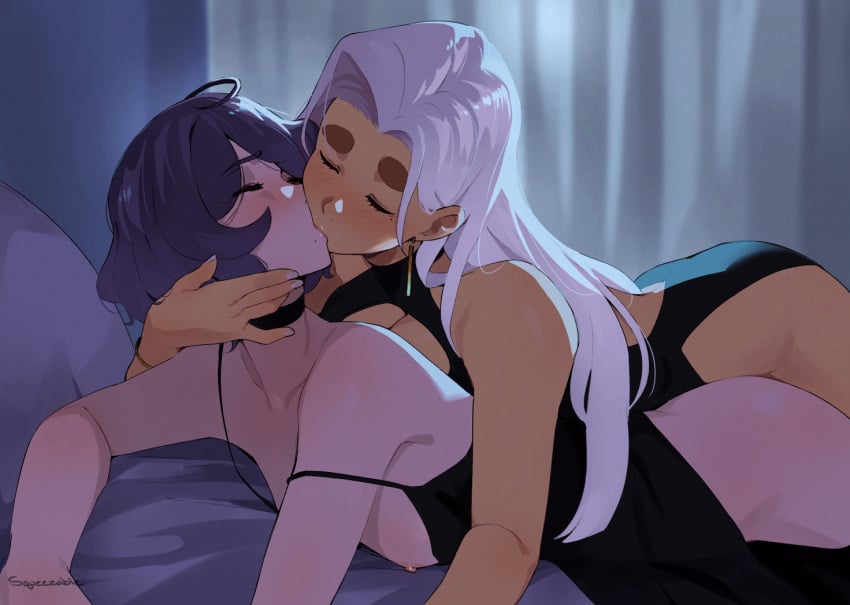 2girls dress june_(squeezable) kissing lesbian_kiss long_hair nail_polish nipple_slip painted_nails pale_skin passionate squeezable tagme tan_body violet_(squeezable) white_hair white_nails yuri yuri