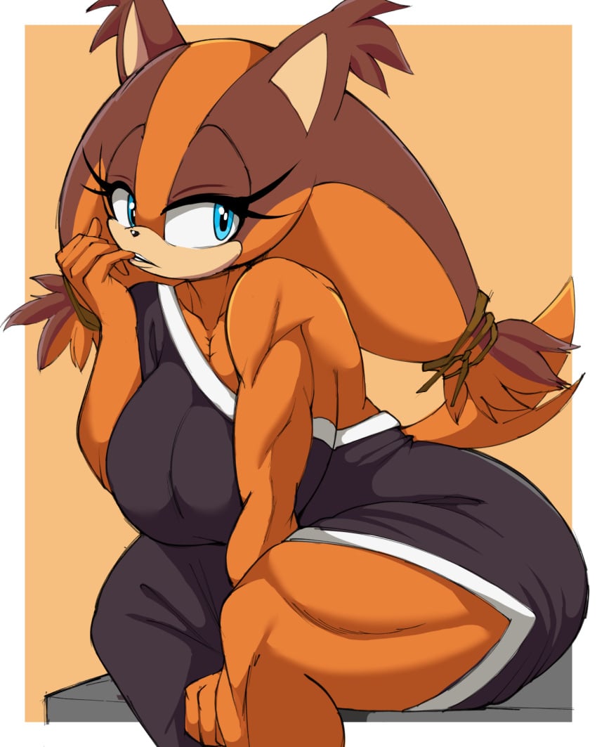 1girls 2024 2d 2d_(artwork) badger blue_eyes breasts brown_body brown_fur clothed clothing digital_media_(artwork) dress eyelashes female finger_play fur hair hair_accessory hair_tie kappa_spark looking_at_viewer mammal muscular_anthro muscular_female mustelid musteline narrowed_eyes seductive sega simple_background sonic_(series) sonic_boom sonic_the_hedgehog_(series) sticks'_finger_bite_(meme) sticks_the_badger sticks_the_jungle_badger tail thick_thighs