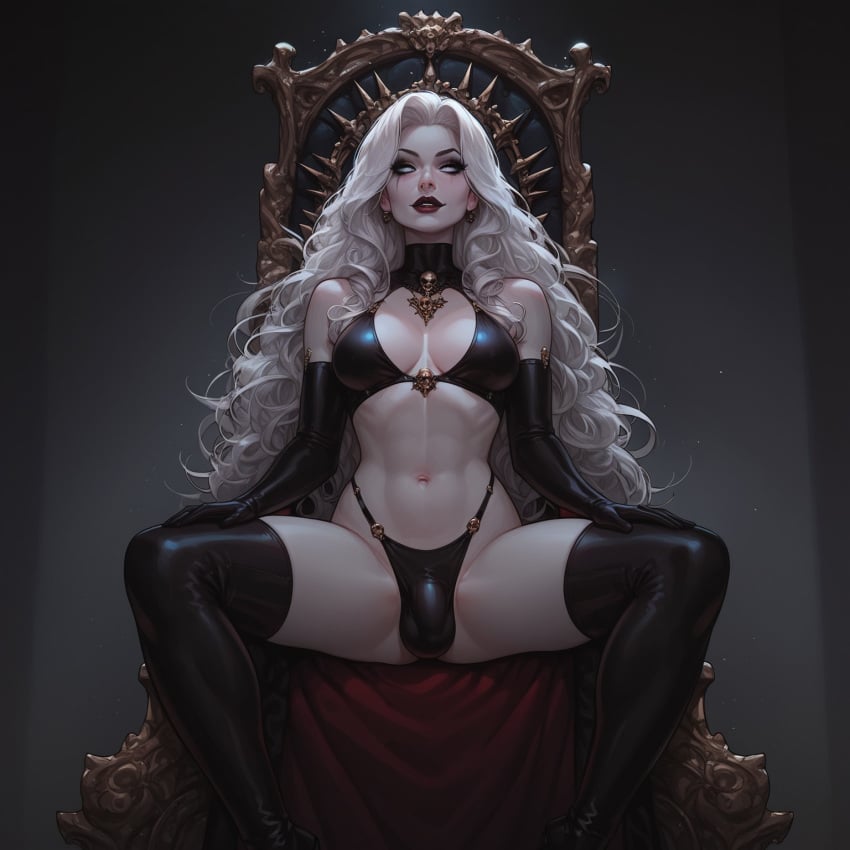 ai_generated athletic_futanari big_breasts black_lipstick black_makeup blindparty civitai dickgirl futanari goth goth_futa lady_death lingerie pale-skinned_futanari pale_skin penis solo throne throne_room white_eyes white_hair