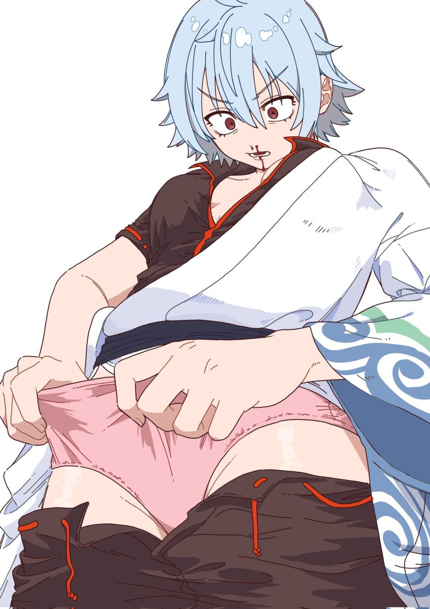 aki2259 blood breasts_apart canon_genderswap female female_only gender_transformation genderswap_(mtf) ginko_sakata gintama gintoki_sakata hadanugi_dousa japanese_text kimono light_blue_hair low-angle_view no_bra nosebleed panties pants_down pink_panties red_eyes rule_63 short_hair small_breasts solo surprised