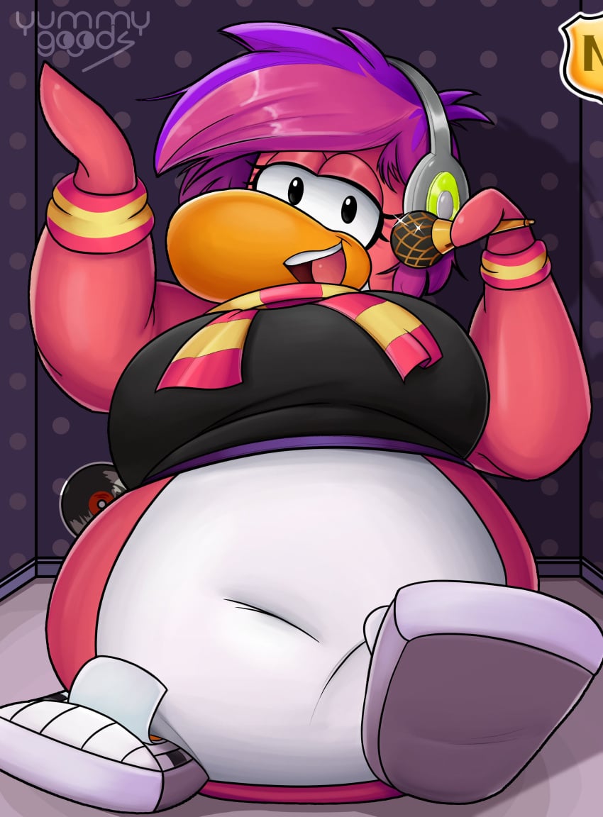 2024 2025 2d 2d_(artwork) 2d_artwork accurate_art_style accurate_body_type anthro avian belly big_belly big_breasts bird chubby chubby_anthro chubby_belly chubby_female clothed clothed_female club_penguin digital_art digital_drawing_(artwork) digital_media_(artwork) disney dj_cadence female furry furry_female headphones holding holding_microphone holding_object microphone no_pants on_model pantsless penguin pink_body pink_hair plump public_release purple_hair scarf shoes sitting sneakers solo two_tone_hair wristband yummygoods