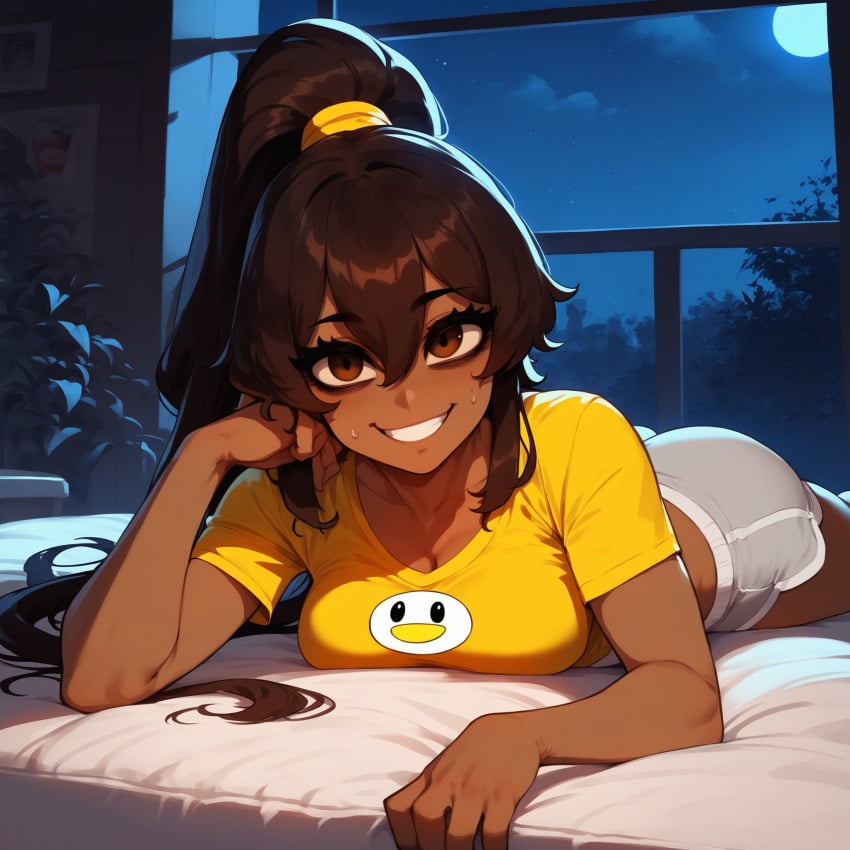 1girls abs bangs brown_eyes brown_hair brown_skinned_female dark-skinned_female eyebrows eyelashes fit fit_female hair_between_eyes high_ponytail medium_breasts pants ponytail sally_(xandr) smile smiley_face t-shirt thick_ass thick_thighs thin thin_female thin_waist tight_pants xandr