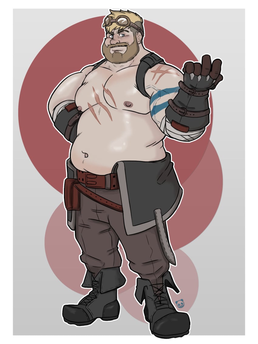 1boy bara beard big_belly blacksmith boner bulge chest_scar facial_hair fat fat_man felix_(luna_sanctus) full_beard fully_clothed gay gloves goggles highres huge_cock large_pectorals luna_sanctus luna_sanctus_tactics male_focus masculine_male muscular muscular_male navel_hair nipples obese obese_male overweight overweight_male pectorals retropanda scars sfw sfw_version shaved_body shirtless short_hair standing thick_beard thick_eyebrows yaoi