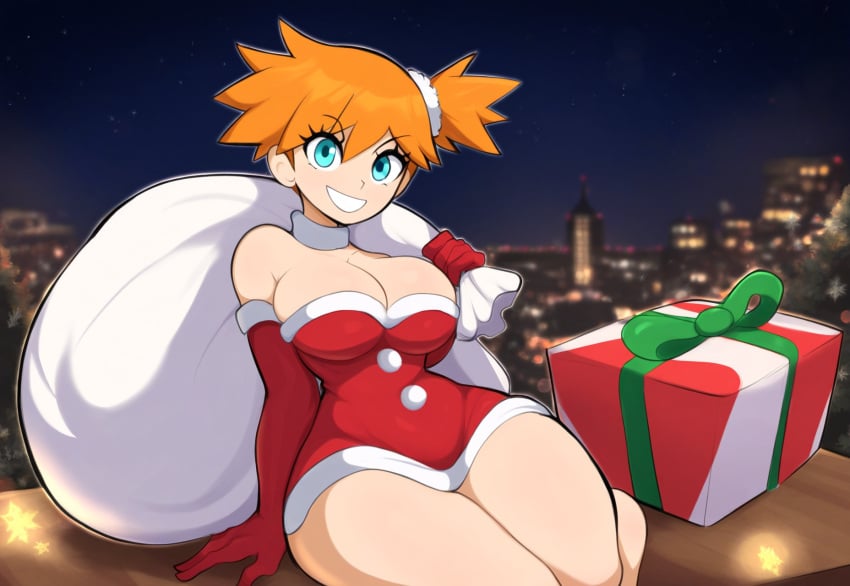 christmas christmas_outfit city city_background cityscape gift gift_box gym_leader kasumi_(pokemon) large_breasts mullon night orange_hair pokemon pokemon_(anime) pokemon_frlg pokemon_rgby present revealing_clothes santa_costume solo thick_thighs