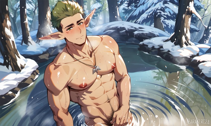 abs ai_generated bara baraberc biceps elf kraft_(sousou_no_frieren) male male_nipples male_only manly muscular_male nipples nude pecs sousou_no_frieren wet