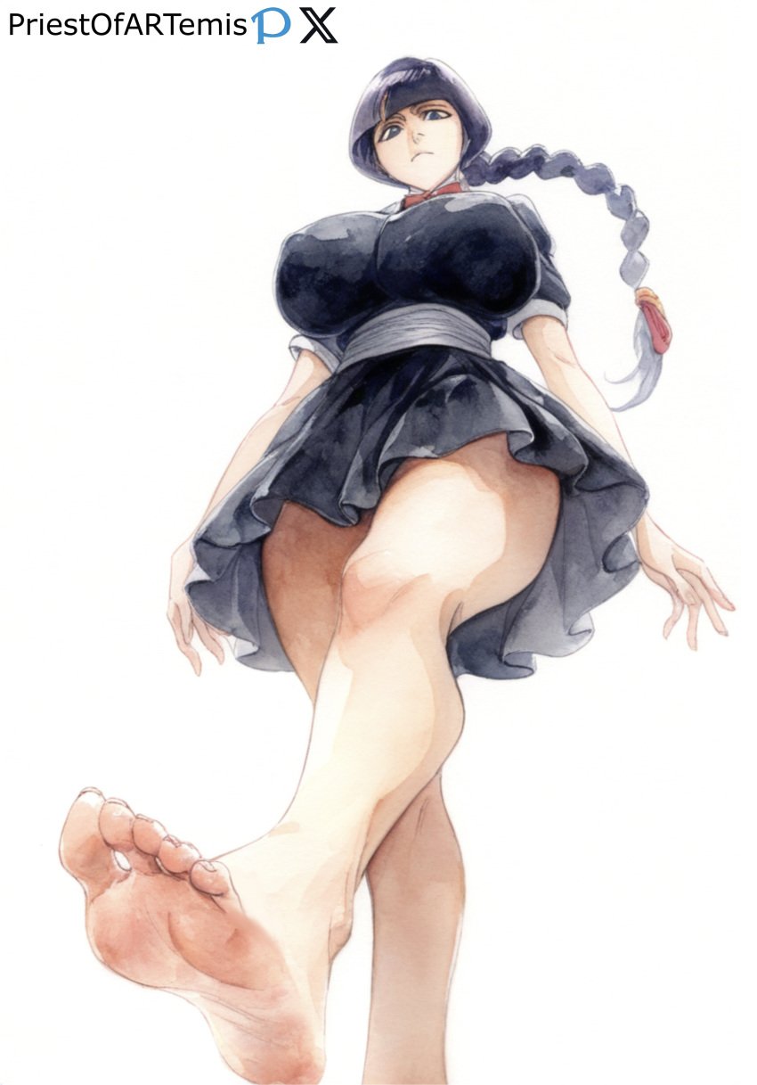 1girls ai_generated big_breasts black_clothing black_hair bleach braid color curvy curvy_body curvy_female curvy_figure feet female foot_fetish foot_focus from_below gray_eyes huge_breasts kimono kurotsuchi_nemu long_hair priestofart simple_background solo_female solo_focus tagme tagme_(artist) tagme_(character) thick_thighs thin_waist