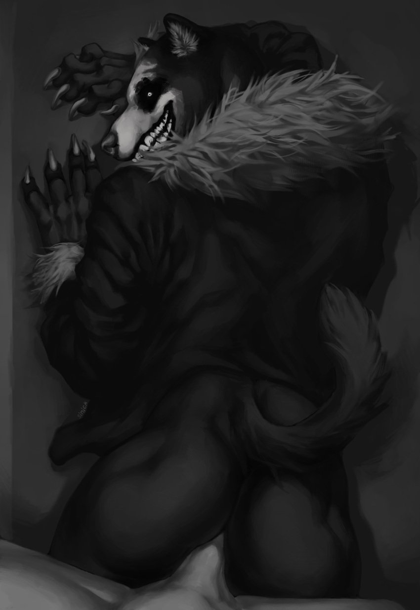 2023 2boys anal anal_sex anthro ass big_ass black_and_white black_body black_fur canine claws domestic_dog fanart furry gay gay_sex horror horror_game human human_on_anthro human_on_monster human_teeth looking_at_viewer male/male monster monster_dog_(tdw2) partially_clothed pov sex smile tail the_darkest_woods_2 tomtit_bird