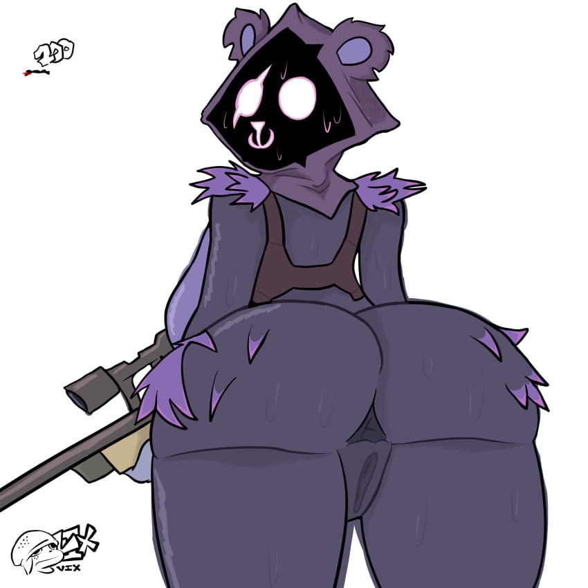 1:1 anthro anus bear blood bodily_fluids breasts epic_games female fortnite fortnite:_battle_royale genitals gun hi_res hood mammal preorderval purple_body pussy ranged_weapon raven_team_leader rifle sniper_rifle solo thick_thighs weapon