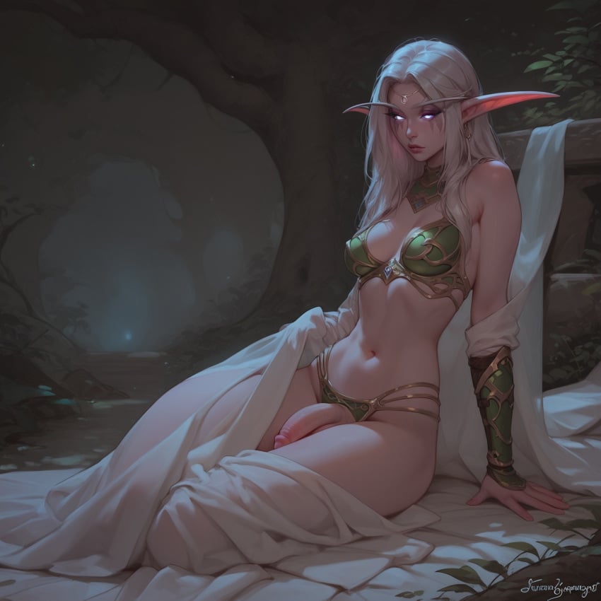 ai_generated athletic_futanari big_breasts blindparty blue_eyes civitai dickgirl elf elf_ears elf_female elf_futanari elf_girl forest_background futanari lingerie night night_elf night_sky penis white_hair world_of_warcraft