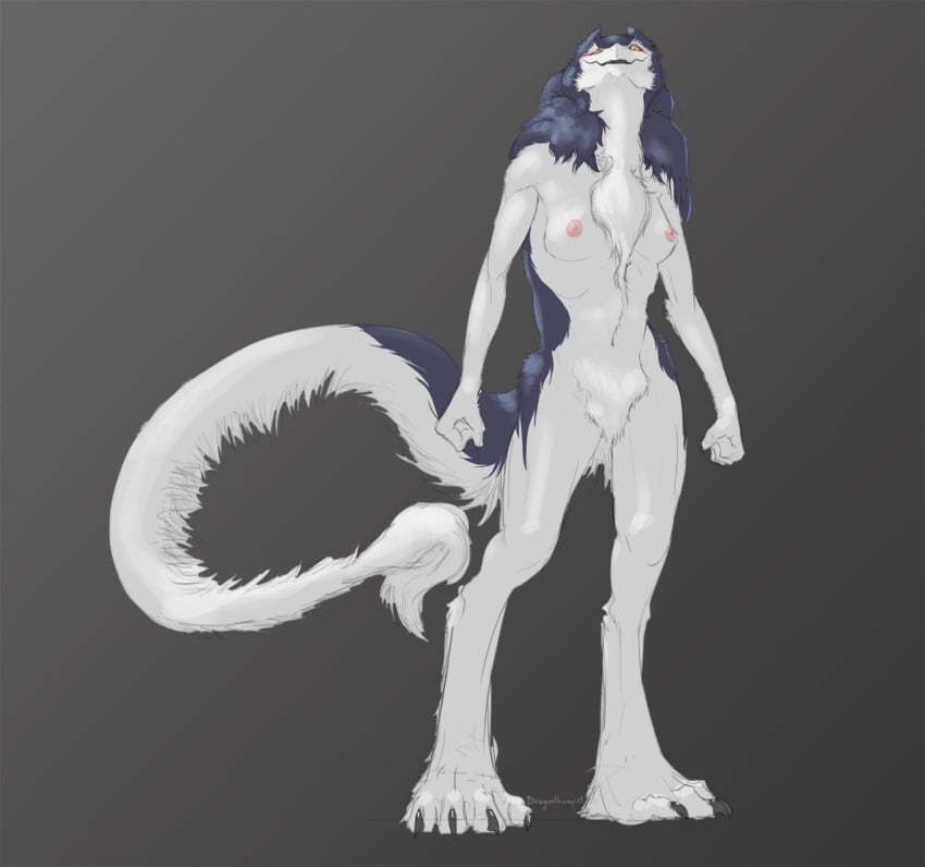 2015 anthro blood bodily_fluids breasts claws dragontherapist erect_nipples female fist fur grey_background hair long_hair looking_at_viewer mammal navel nipples nude pupils purple_body purple_fur purple_hair rain_silves sergal simple_background slit_pupils smile solo tail toe_claws tuft warpaint white_body white_fur yellow_eyes