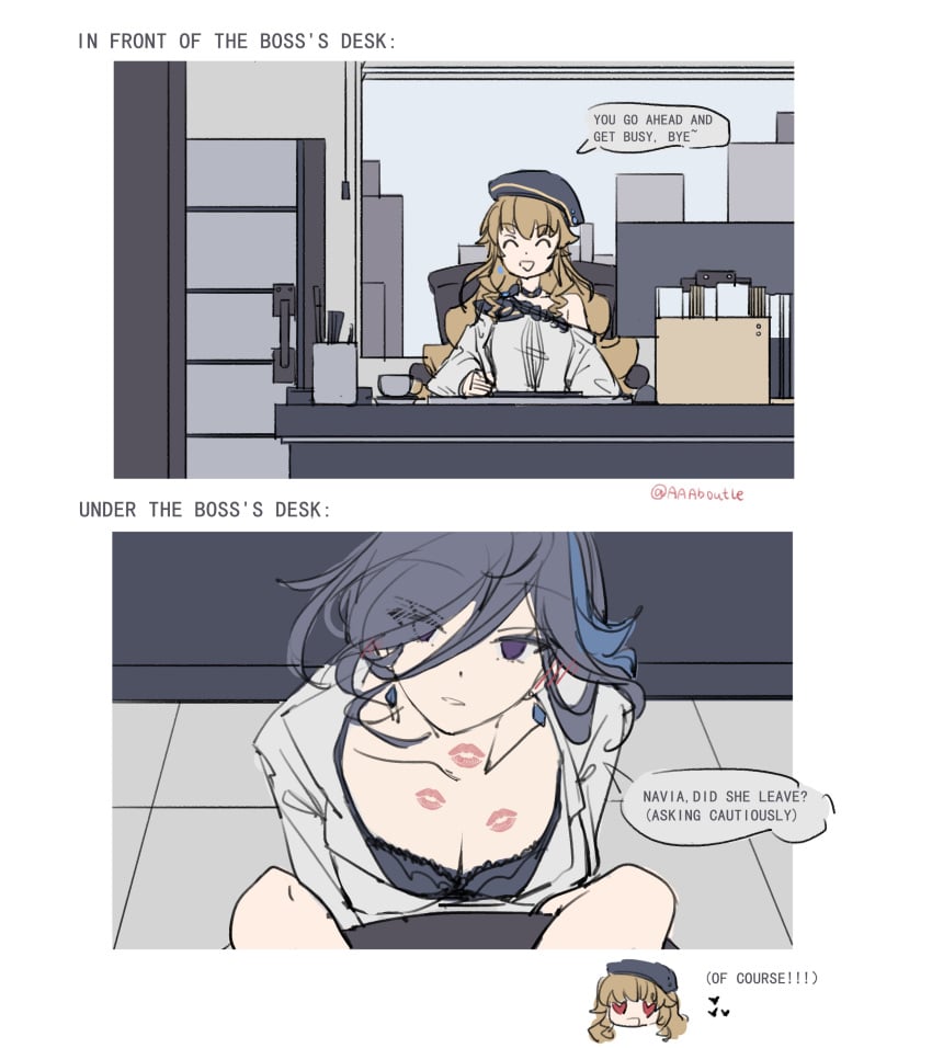 2girls clorinde_(genshin_impact) english_text female female_only genshin_impact hiding implied_oral kiss_marks lipstick lipstick_mark navia_(genshin_impact) office office_lady smile table under_the_table work workplace yuri