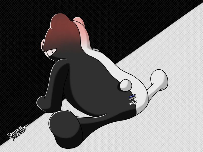 anus ass bear black_fur danganronpa fur male male_only mammal monokuma rear_view semi-anthro short_tail smile smooth_skin solo usb video_games white_fur