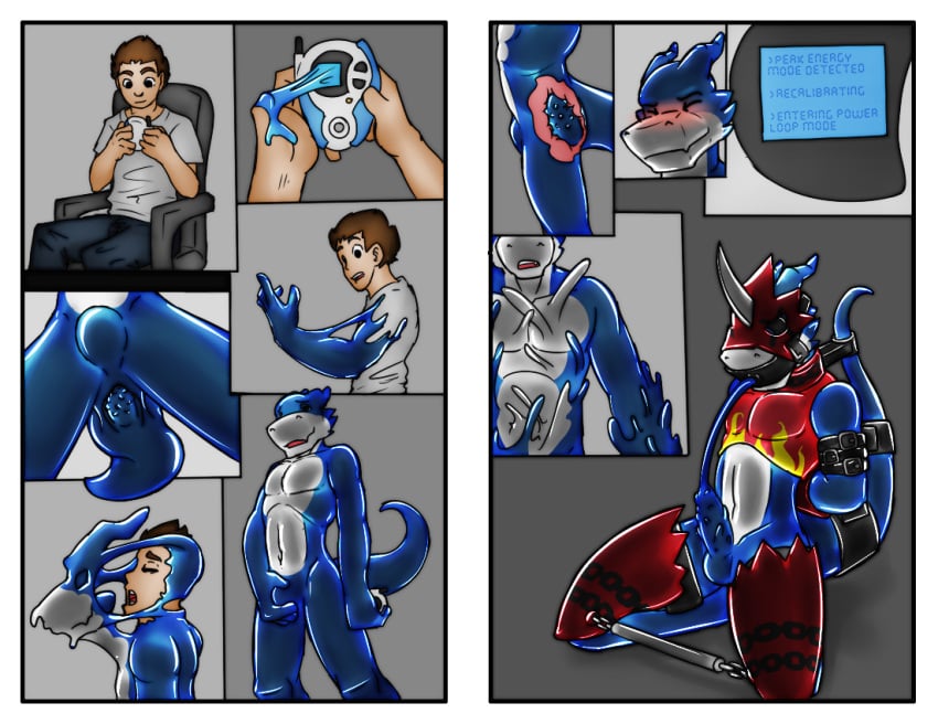 2014 5_fingers after_transformation alpha_channel anal anal_sex anthro arm_armor arm_strap armor arms_tied arms_tied_behind_back athletic athletic_anthro athletic_male balls bandai_namco blue_body blue_horn blue_penis blush bottomwear bound brown_hair bulge bulge_fondling bulge_grab chair close-up closed_eyes clothing cock_gag comic crop_top cuff_(restraint) cum_tube cutaway dazed denim denim_bottomwear denim_clothing digimon digimon_(species) digivice dildo dildo_in_ass dildo_insertion encasement english_text erection eye_lens fingers flamedramon furniture gag gagged gauntlets genitals glistening glistening_body gloves goo_transformation grey_background grey_horn growth hair handwear headgear helmet holding_digivice holding_object horn human human_to_anthro imminent_transformation inside internal internal_anal jeans kneeling latex latex_body liquid_latex male mammal mask mid_transformation multicolored_body nubbed_dildo nubbed_penis null_bulge object_in_ass on_chair one_page_comic open_mouth pants penetration penis raised_tail rei98 restraints sex_toy sex_toy_in_ass sex_toy_insertion shaded shirt shocked simple_background sitting sitting_on_chair smile soft_shading solo species_transformation spreader_bar standing t-shirt tail tail_cuff tail_growth tail_tied tank_top teeth text thick_tail thigh_armor tongue topwear transformation two_tone_body white_body