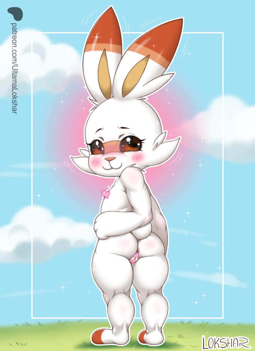 anthro anus ass blush blush_lines censored censored_genitalia cheek_tuft cloud dark_sclera ear_markings facial_tuft female flat_chested fur genitals grass hand_on_hip hi_res looking_back nintendo nude orange_body orange_eyes orange_fur outside plant pokemon pokemon_(species) pussy scorbunny simple_background smile solo sparkles standing tagme tail text tuft ultama_lokshar_(artist) url white_body white_fur