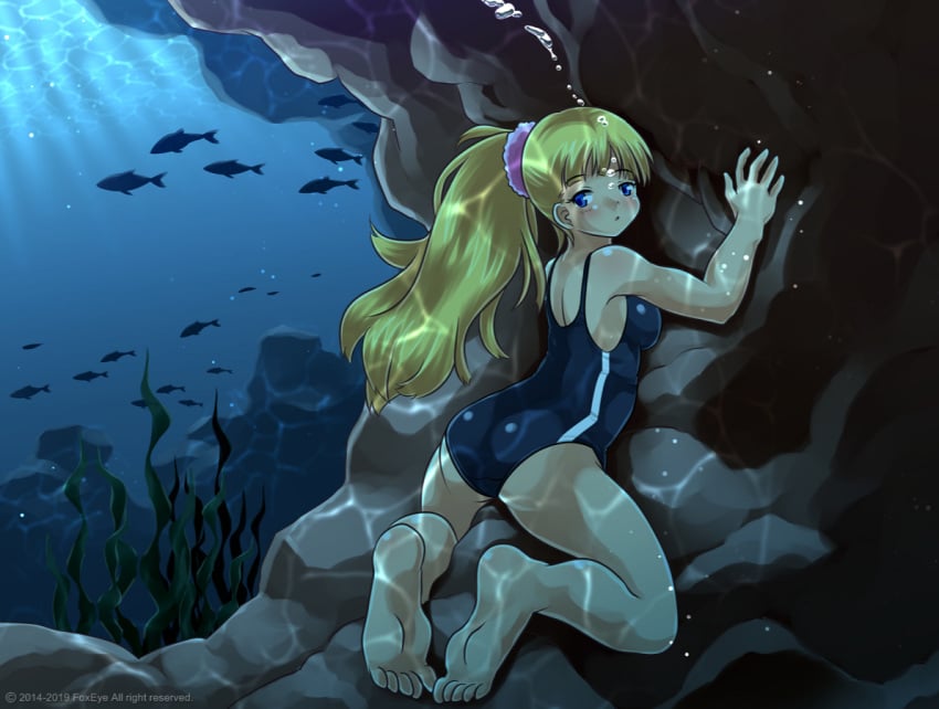 ass big_breasts blonde_hair blue_eyes breasts female female_only fish foxeye_(artist) foxeye_limited_game_collection game_cg natica_(foxeye) natica_star_splash original original_character ponytail school_swimsuit solo solo_female swimsuit underwater