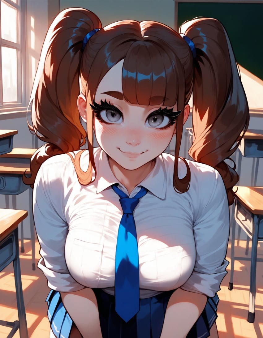 1girls ai_generated bangs blush blush_lines brown_hair cute cute_face cute_girl eyebrows eyelashes gray_eyes light_makeup long_hair medium_breasts pleated_skirt pretty_girl sasha_(xandr) school_uniform schoolgirl shirt straight_hair thick_ass thick_thighs thin_waist twintails white_shirt xandr young younger_female