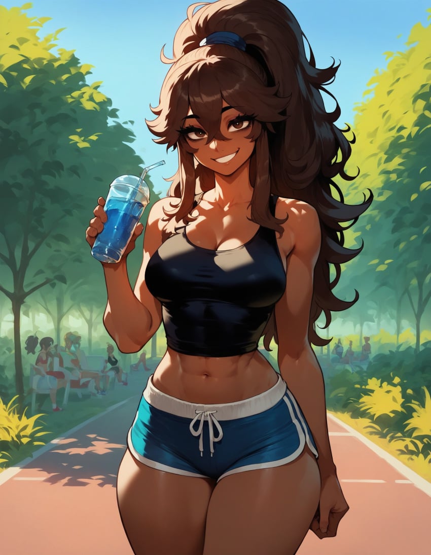 1girls abs ai_generated bangs brown_eyes brown_hair brown_skinned_female dark-skinned_female dolphin_shorts eyebrows eyelashes fit fit_female hair_between_eyes high_ponytail medium_breasts ponytail sally_(xandr) smile smiley_face tank_top thick_ass thick_thighs thin thin_female thin_waist xandr