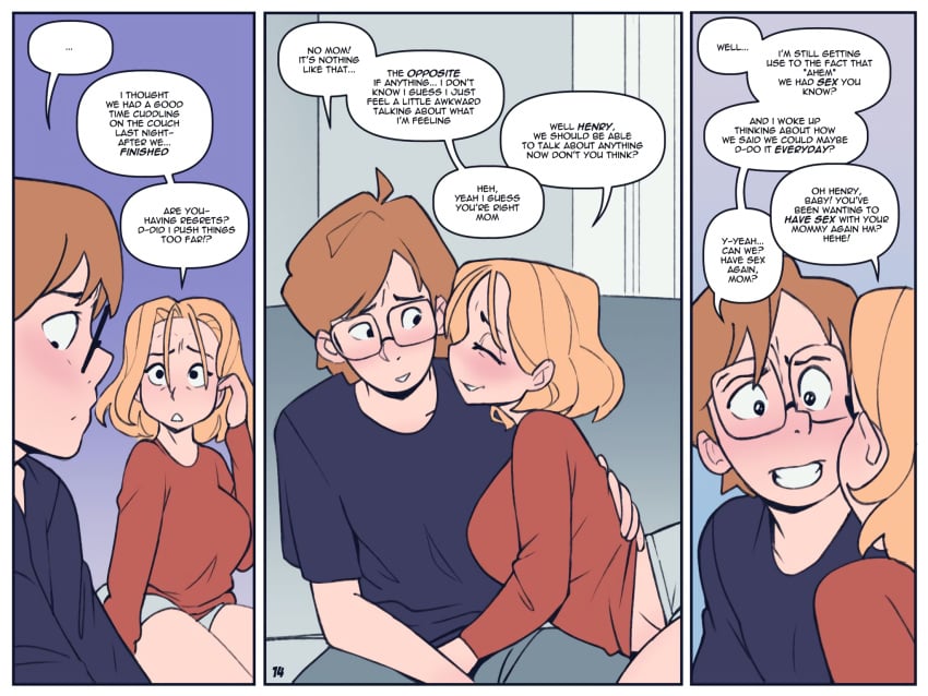 1boy1girl asking_for_sex awkward big_ass blonde_hair blush booty_shorts brown_hair comic comic_page couch glasses incest_(lore) milf mother_and_son not_enough_milk_(artist) older_female original page_14 sexual_tension shortstack thick_thighs wide_hips younger_male