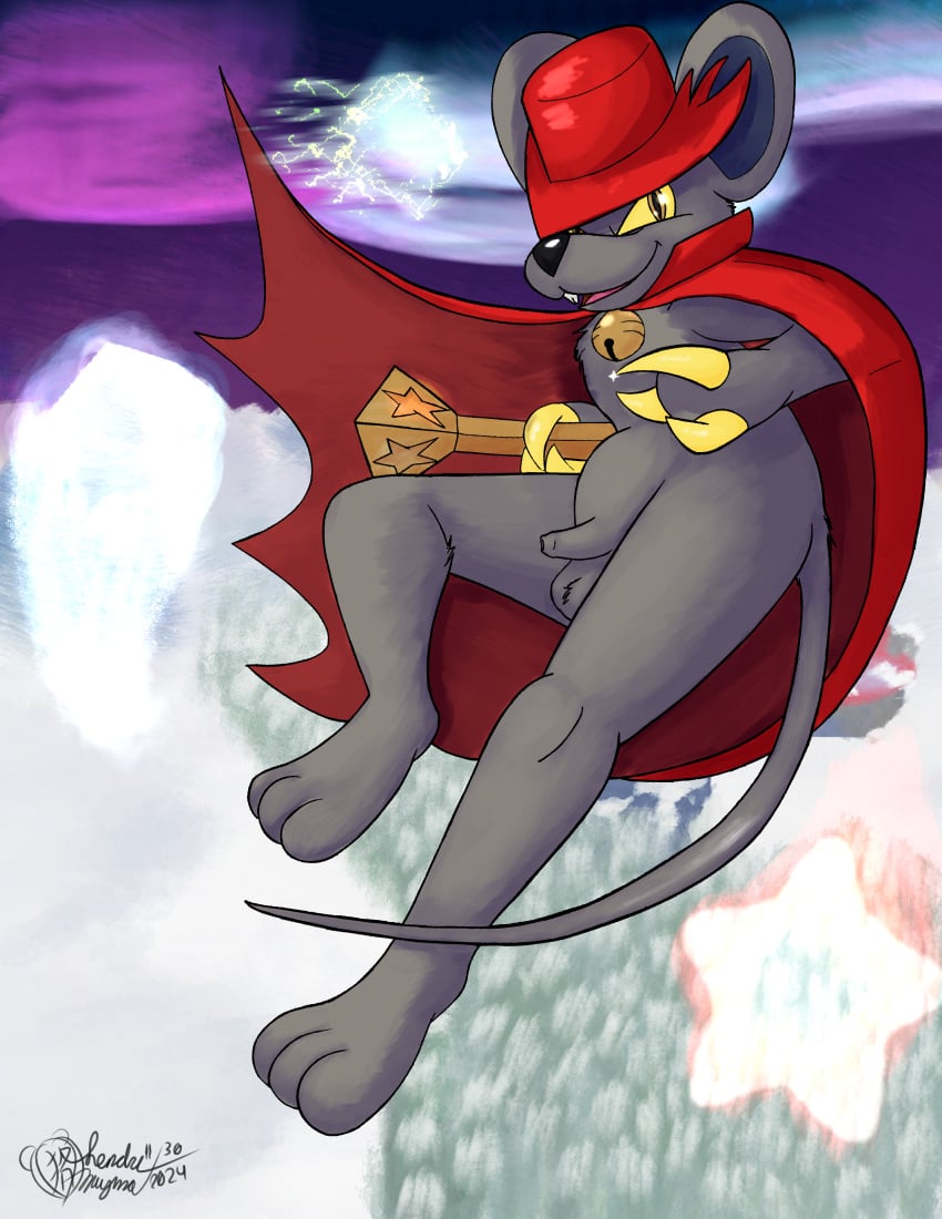 absurd_res anthro aurora_(phenomenon) ball_tuft balls bell bell_collar buckteeth cape claws clothing collar daroach dated digital_media_(artwork) flaccid foreskin fur genitals grey_body grey_fur hat headgear headwear hi_res kirby_(series) kirby_squeak_squad lendri_mujina magic magic_wand male mammal medibang_paint_(artwork) midair mostly_nude mouse murid murine nintendo orange_eyes outside penis pupils red_cape red_clothing red_hat red_headwear rodent signature slit_pupils snow solo teeth top_hat tuft yellow_claws yellow_sclera