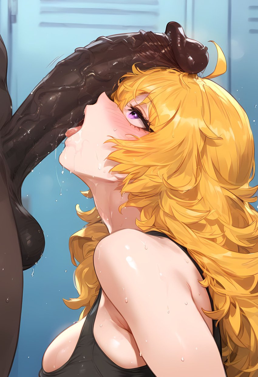 1boy 1girls ai_generated axiah big_breasts blonde_hair breasts cock_worship dark-skinned_male female female_focus huge_breasts huge_cock large_breasts licking_penis light-skinned_female long_hair navel purple_eyes rwby yang_xiao_long