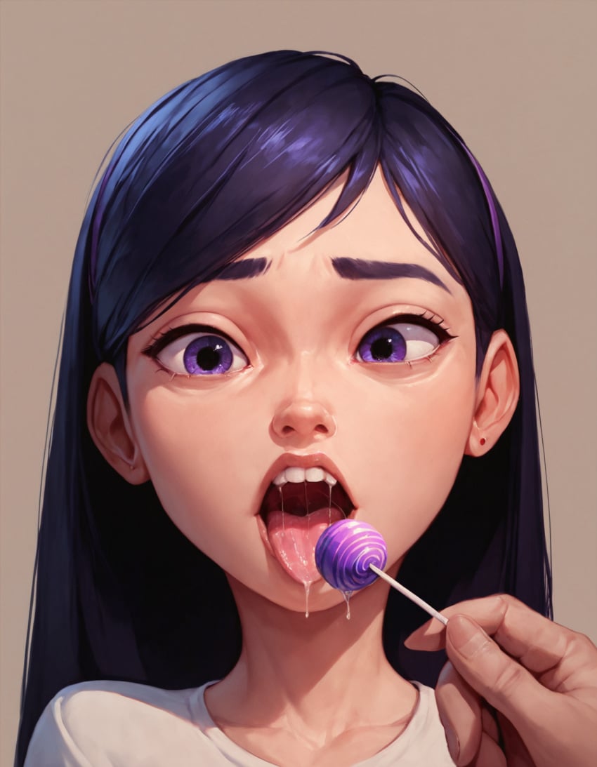 ai_generated blue_eyes imminent_oral innocent lollipop looking_at_viewer open_mouth rtxfus rtxfus34 saliva saliva_string sexual_harassment the_incredibles tongue tongue_out violet_parr virgin young