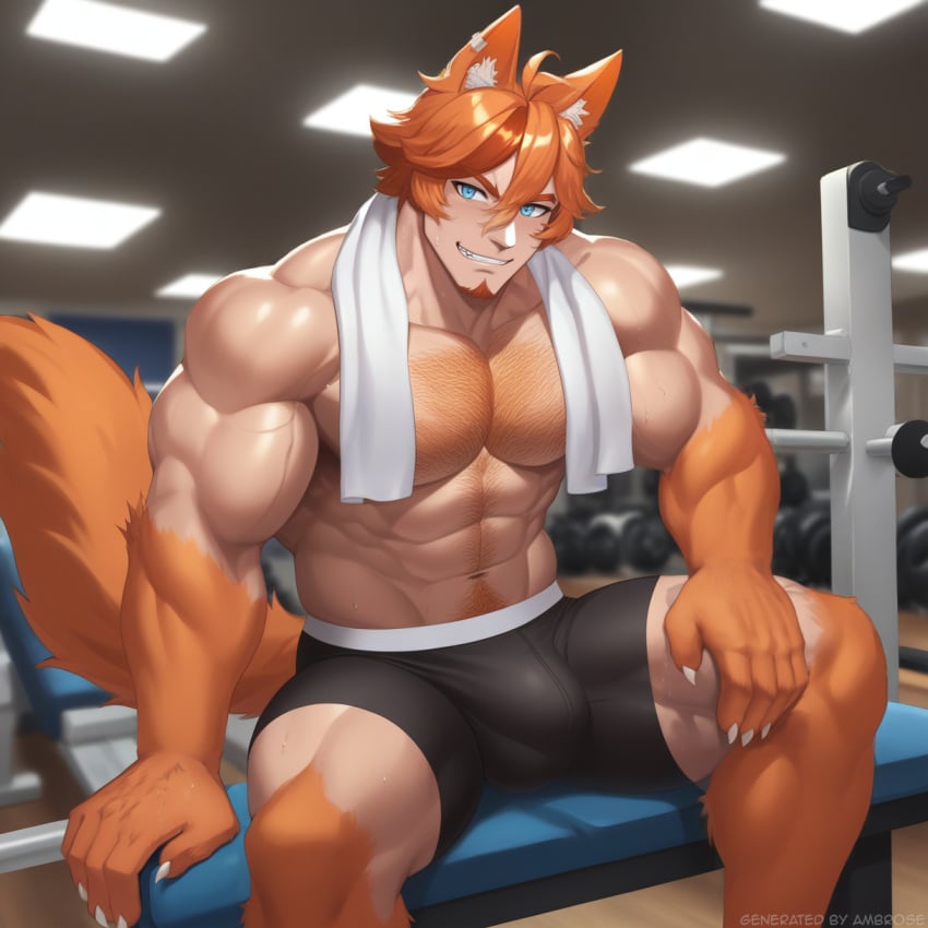 1boy abs ai_generated ambrose bara big_bulge big_muscles blue_eyes buffpup_(vtuber) bulge claws genderswap_(ftm) goatee gym hairy_chest male_only muscular_male orange_hair rule_63 self_upload shirtless smirk spandex_shorts stable_diffusion sweaty treasure_trail vchiban virtual_youtuber vtuber werewolf wolf_boy wolf_ears wolf_tail workout_clothes