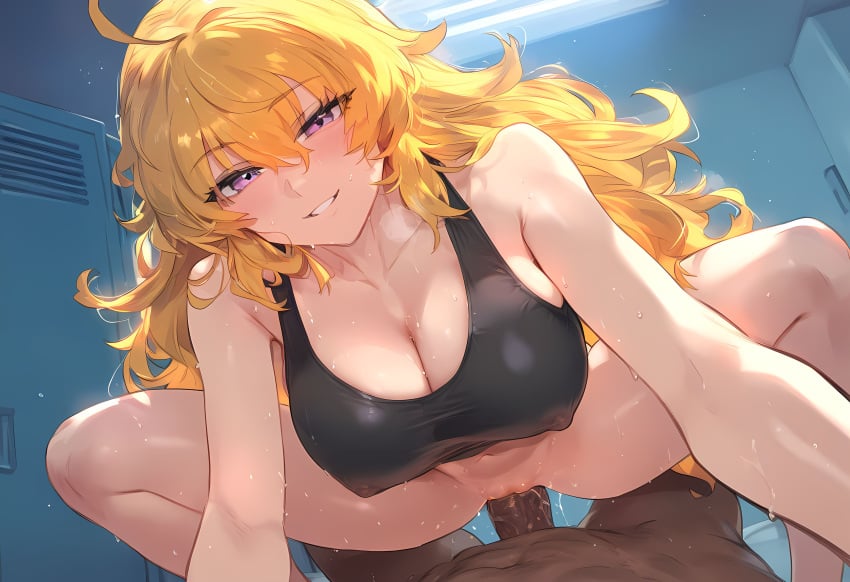 1boy 1girls ai_generated axiah big_breasts black_tank_top blonde_hair breasts dark-skinned_male female female_focus huge_breasts huge_cock large_breasts light-skinned_female long_hair looking_pleasured navel purple_eyes rwby sex smiling tank_top vaginal_sex yang_xiao_long