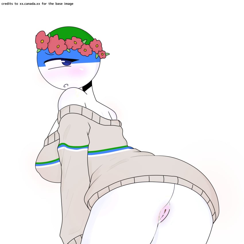 1girls ass_focus bottomless countryhumans countryhumans_girl countryhumans_oc edit flowers_in_hair gray_shirt looking_at_viewer niureltha rudistan rudistani_flag vagina wet_pussy