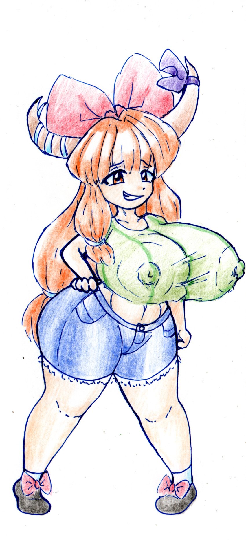 areolae areolae_bulge big_breasts bow breast_expansion breasts breasts_bigger_than_head green_shirt hair_accessory hair_ornament hairbow hands_on_hips horn horn_ribbon horns huge_breasts long_hair nipple_bulge nipples orange_hair shorts smirk smirking suika_ibuki thatartistann thick thick_ass thick_thighs touhou