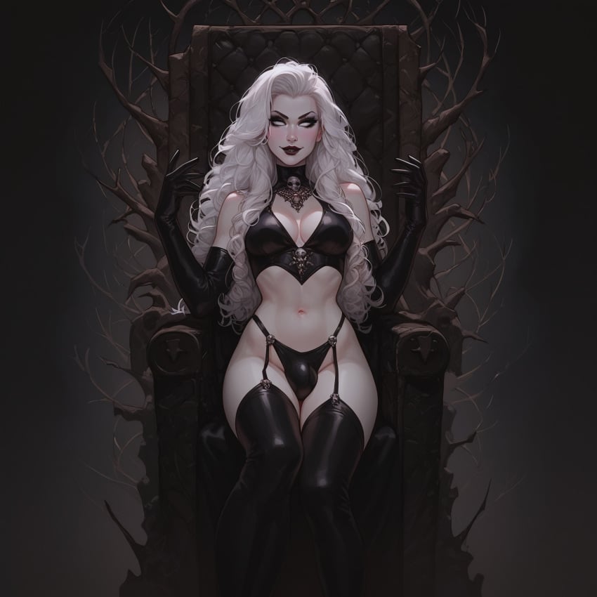 ai_generated athletic_futanari big_breasts black_lipstick black_makeup blindparty civitai dickgirl futanari goth goth_futa lady_death lingerie pale-skinned_futanari pale_skin penis solo throne throne_room white_eyes white_hair