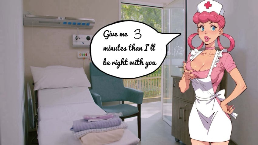 blue_eyes female female female_only hair_rings hospital hospital_bed hospital_room nintendo nurse_hat nurse_joy nurse_uniform paulinebabe pink_hair pokemon touching_breast white_apron