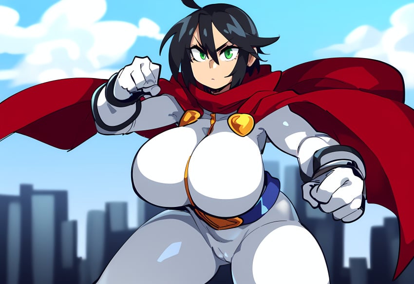 1girls ai_generated black_hair bodysuit cameltoe cape city female huge_breasts mullon novelai original original_character solo solo_female solo_focus starcrush superheroine top_heavy voluptuous wide_hips