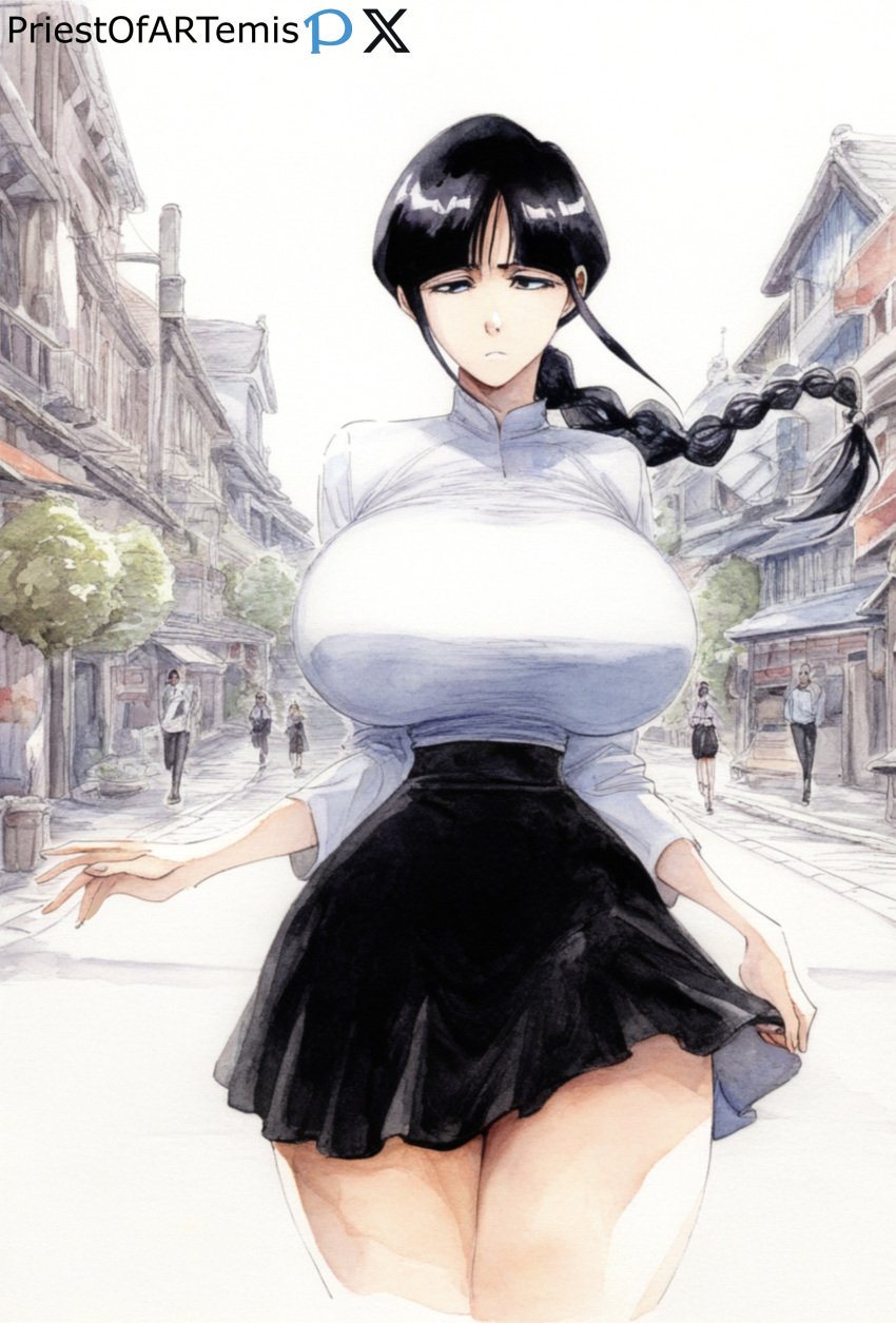 1girls ai_generated big_breasts black_hair bleach braid city color curvy curvy_body curvy_female curvy_figure female gray_eyes huge_breasts kurotsuchi_nemu long_hair narrow_waist narrowed_eyes priestofart shirt skirt solo solo_female solo_focus street tagme tagme_(artist) tagme_(character) thick_thighs thin_waist