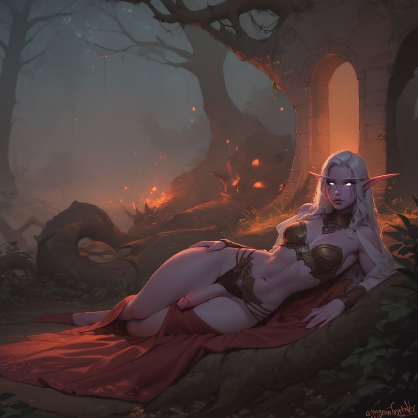 ai_generated athletic_futanari big_breasts blindparty blue_eyes civitai dickgirl elf elf_ears elf_female elf_futanari elf_girl forest_background futanari lingerie night night_elf night_sky penis white_hair world_of_warcraft