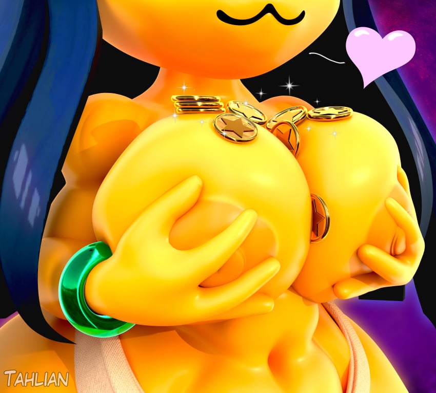 1girls 3d 3d_(artwork) animal_crossing ankha anthro big_breasts blue_hair breast_focus breasts chel_(cosplay) cosplay feline female female_only gold_coin holding_breasts holding_up_breasts money png shortstack solo tahlian the_road_to_el_dorado thick_thighs wide_hips yellow_body