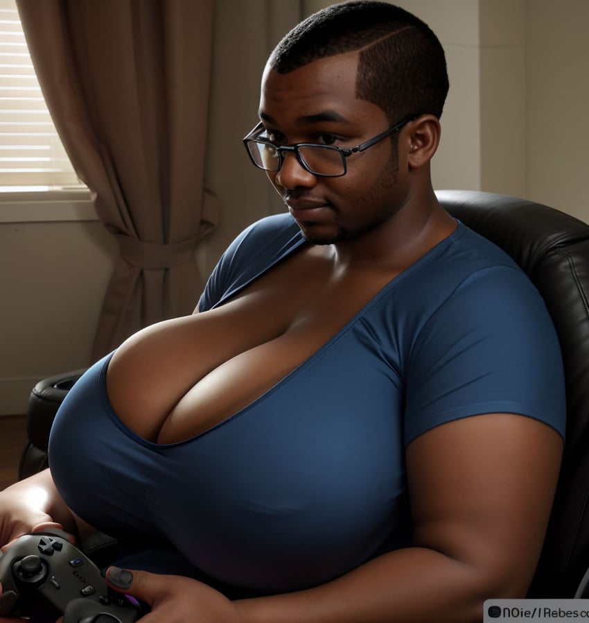 1boy ai ai_generated big_breasts big_breasts black_hair busty busty_boy cleavage dark-skinned_male gamer huge_breasts huge_breasts jackvinsanity male male_breasts male_cleavage male_only male_tits solo solo_male