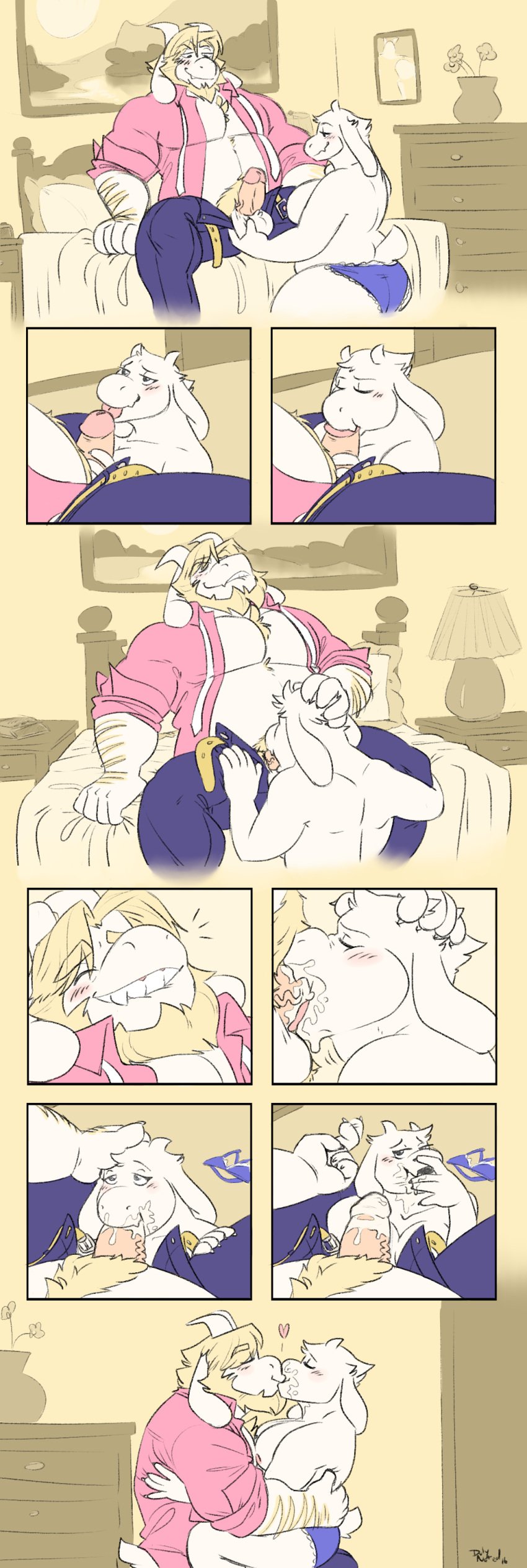 2016 anthro asgore_dreemurr ass balls bed bedroom belt blush body_hair boss_monster bra breasts caprine clothed clothing comic cum cum_in_mouth cum_in_throat cum_inside deep_throat dresser duly_noted erection fellatio female fur goat hair hi_res husband_and_wife kissing male mammal mostly_nude musclegut nipples open_shirt oral oral_sex panties passionate penis pubes red_eyes sex slightly_chubby snowballing straight toriel undertale underwear video_games white_fur