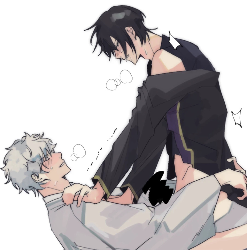 2boys aged_down anal anal_sex black_hair blush breath censored cowgirl_position gay gintama gintoki_sakata implied_anal male male_only no_visible_genitalia official_alternate_costume oreno_gtk sweat takasugi_shinsuke trembling white_hair yaoi