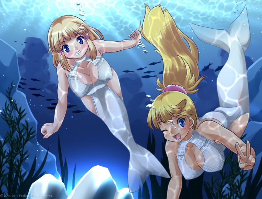 2girls big_breasts blonde_hair blue_eyes breasts cleavage collarbone female female_only fish foxeye_(artist) foxeye_limited_game_collection game_cg mermaid_costume mermaid_suit natica_(foxeye) natica_and_sandy:_underwater_rescue original original_character original_characters ponytail sandy_(foxeye) underwater