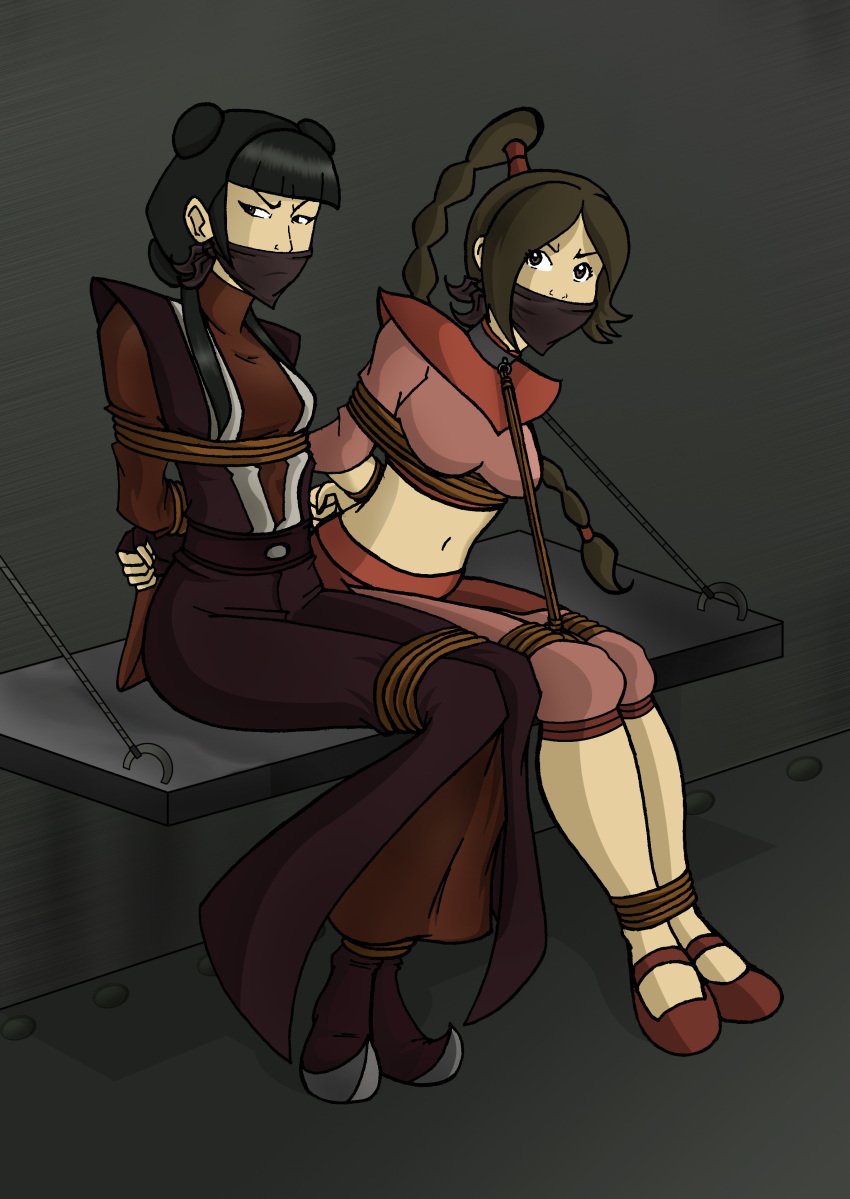 2girls angry_expression artist_request avatar_legends avatar_the_last_airbender bondage brown_flats cloth_gag female female_only fire_nation flats gagged human imprisoned mai_(avatar) mary_janes multiple_girls ponytail prison shoes ty_lee