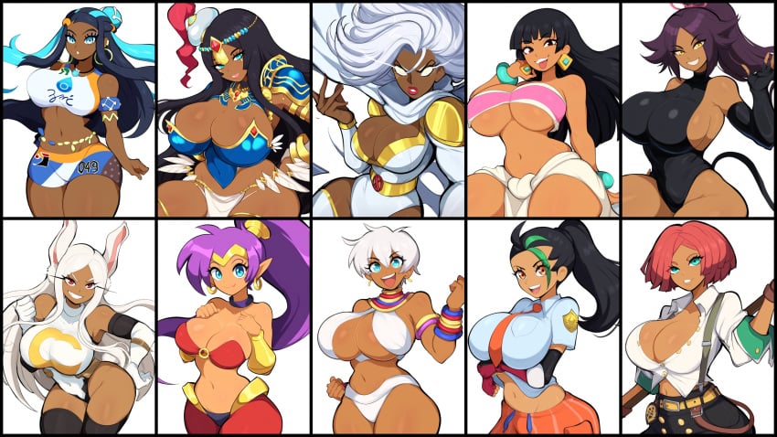 10girls ai_generated alternate_breast_size black_hair bleach bleach:_the_thousand-year_blood_war chel collage crossover dark-skinned_female dark_skin eastern_and_western_character elena_(street_fighter) fate/grand_order fate_(series) genie giovanna_(guilty_gear) green_hair guilty_gear gym_leader huge_breasts leotard marvel marvel_comics mayan miruko mullon my_hero_academia nemona_(pokemon) nessa_(pokemon) novelai pokemon pokemon_ss pokemon_sv revealing_clothes rumi_usagiyama scheherazade_(fate) shantae shantae_(character) shihouin_yoruichi storm_(x-men) street_fighter superheroine the_road_to_el_dorado top_heavy trait_connection white_hair x-men