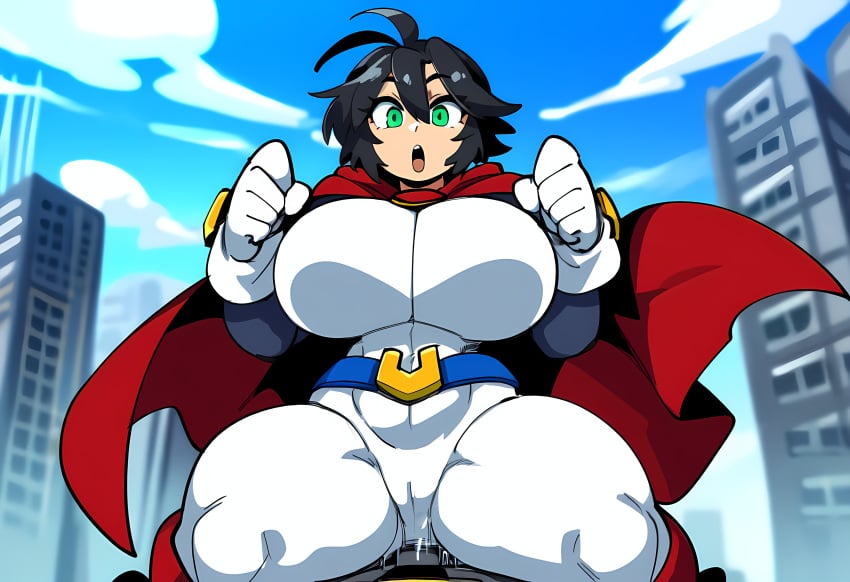 1boy 1boy1girl 1girls ai_generated black_hair bodysuit cameltoe child_bearing_hips city cowgirl_position female green_eyes huge_breasts mullon novelai original original_character pov sex starcrush superheroine thick_thighs top_heavy top_heavy_breasts voluptuous voluptuous_female wide_hips