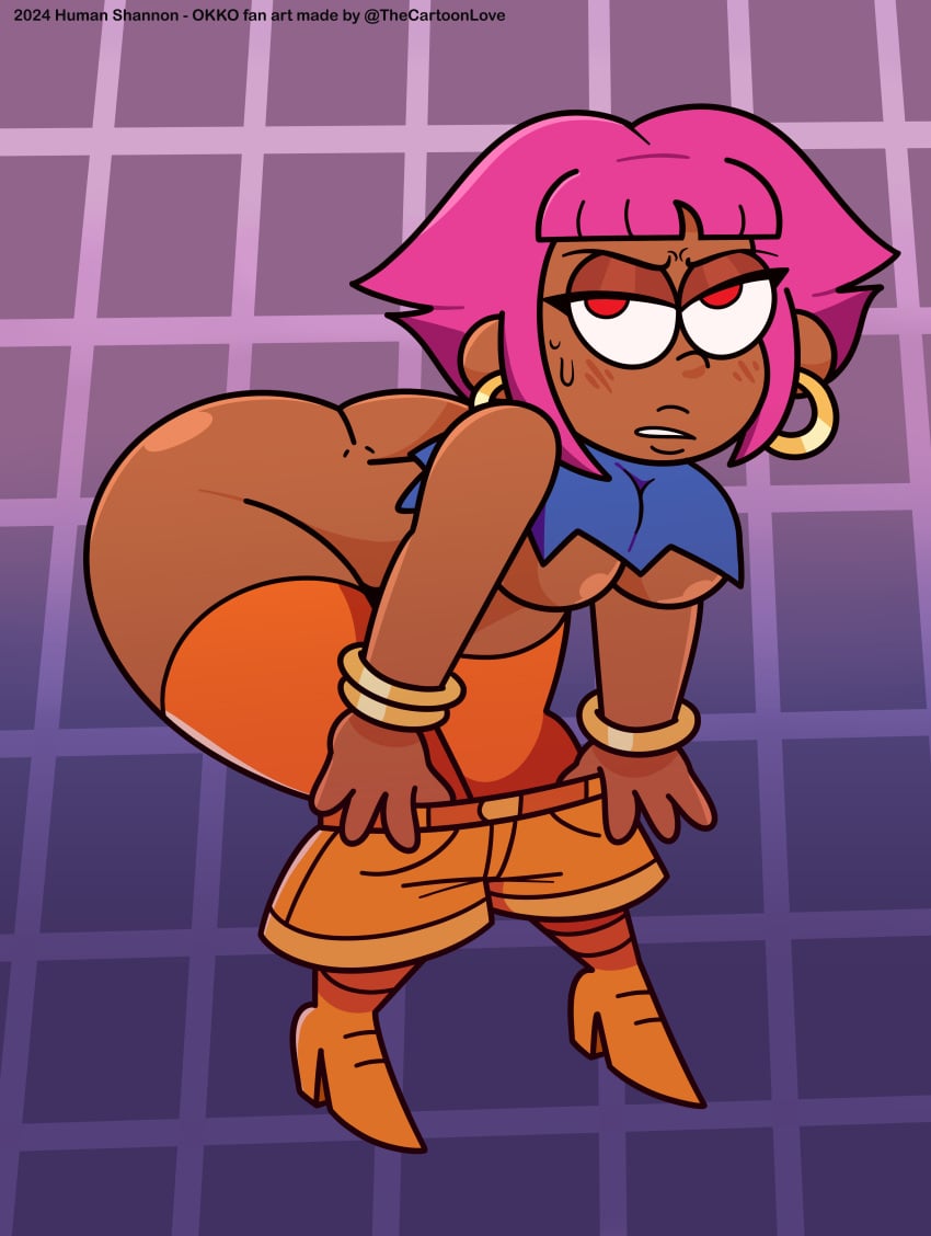 accurate_art_style angry_face big_ass big_breasts bubble_ass bubble_butt cartoon_network dark_skin earrings female female_only human_shannon looking_at_viewer ok_k.o.!_let's_be_heroes pants_down pink_hair red_eyes semi_naked shannon_(ok_k.o.!_let's_be_heroes) shannon_boxman the_cartoon_love thick_ass thick_hips thick_legs thick_thighs