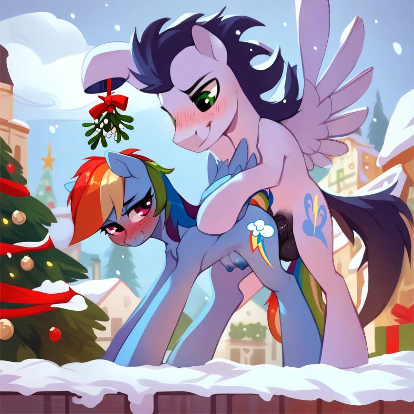 ai_generated balls blush crotchboobs doggy_style equine feral furry horsecock mistletoe my_little_pony nipples outside_sex pony public_sex rainbow_dash_(mlp) snow soarin_(mlp) spread_wings